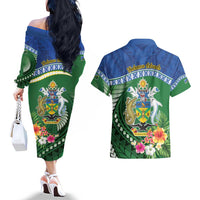 Melanesian Solomon Islands Couples Matching Off The Shoulder Long Sleeve Dress and Hawaiian Shirt Tropical Shark Tattoo LT9 - Polynesian Pride