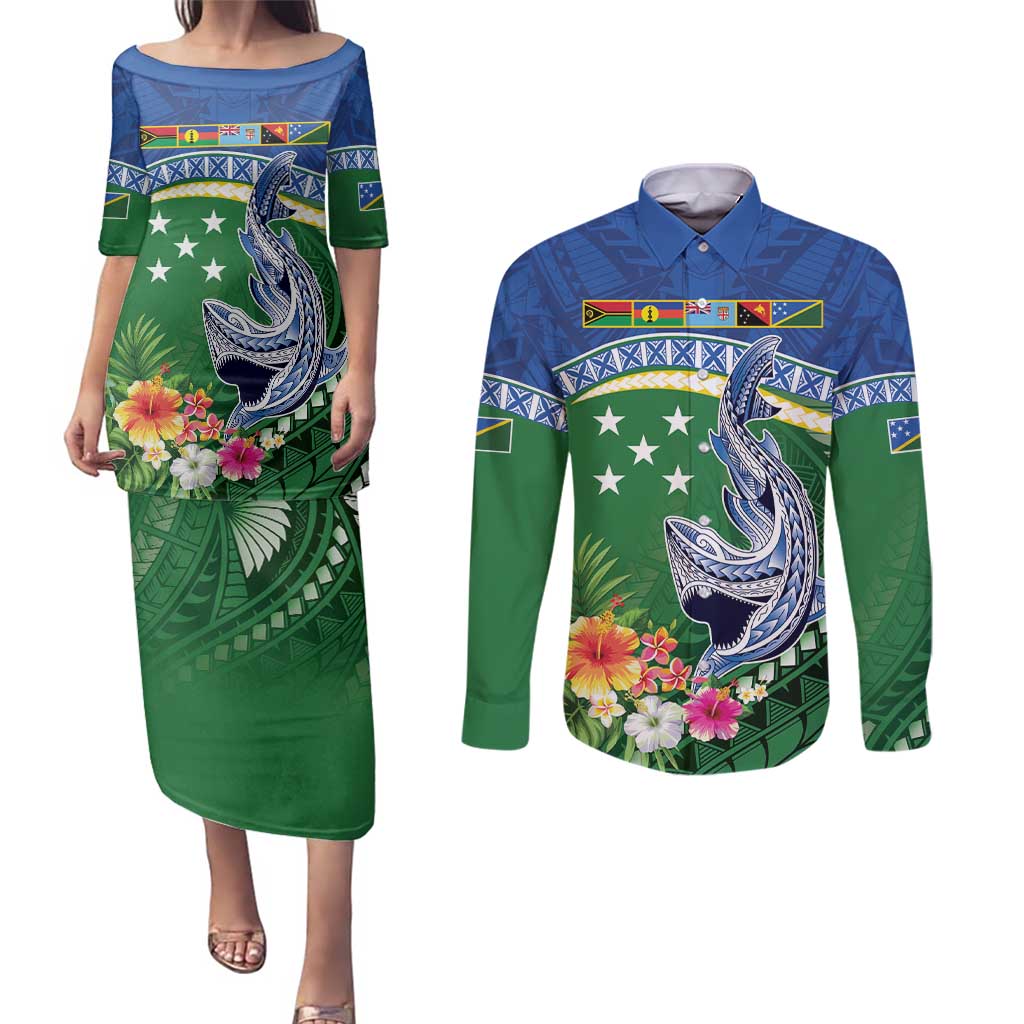 Melanesian Solomon Islands Couples Matching Puletasi and Long Sleeve Button Shirt Tropical Shark Tattoo