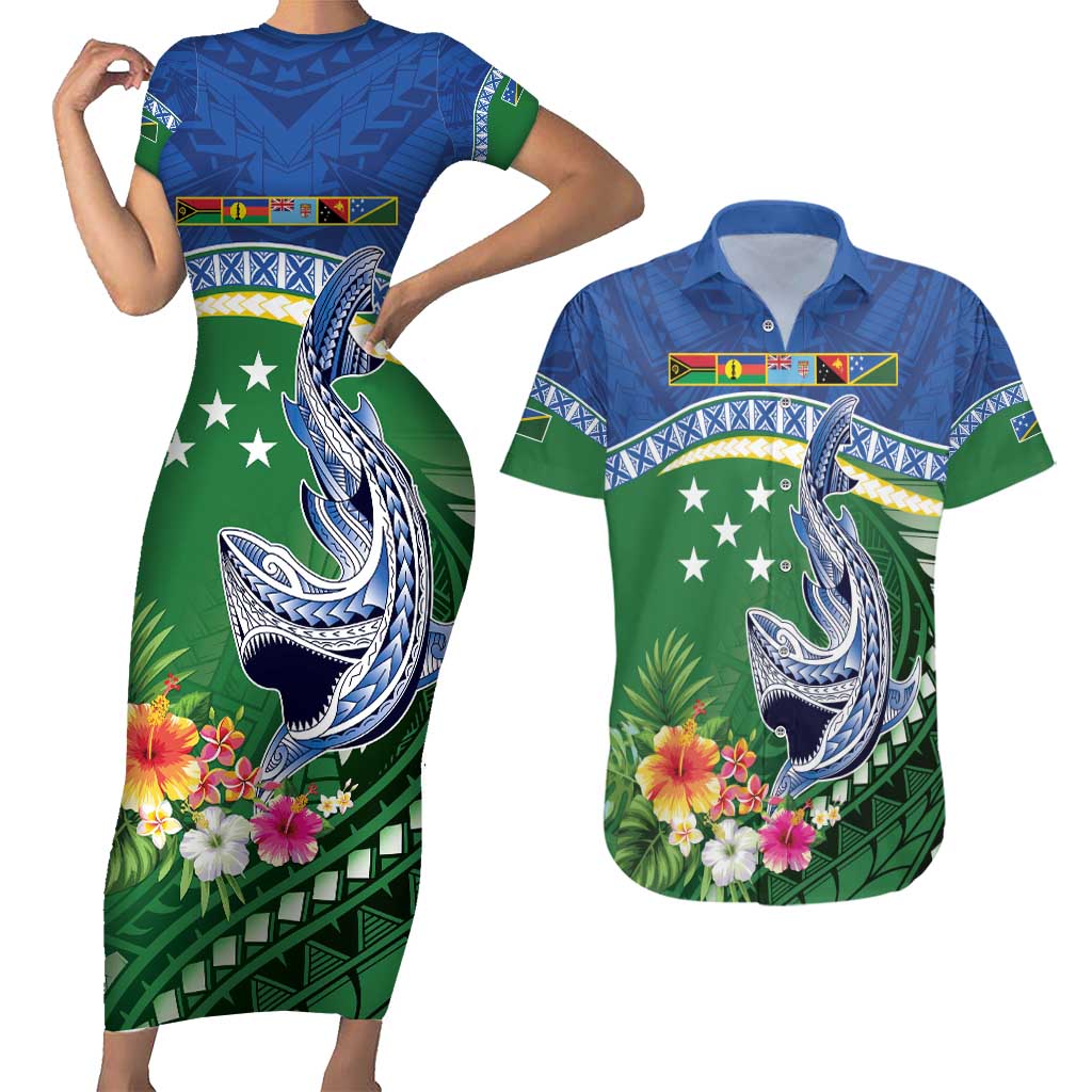 Melanesian Solomon Islands Couples Matching Short Sleeve Bodycon Dress and Hawaiian Shirt Tropical Shark Tattoo LT9 Blue - Polynesian Pride