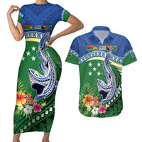 Melanesian Solomon Islands Couples Matching Short Sleeve Bodycon Dress and Hawaiian Shirt Tropical Shark Tattoo LT9 Blue - Polynesian Pride