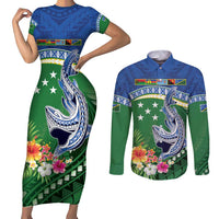 Melanesian Solomon Islands Couples Matching Short Sleeve Bodycon Dress and Long Sleeve Button Shirt Tropical Shark Tattoo LT9 Blue - Polynesian Pride