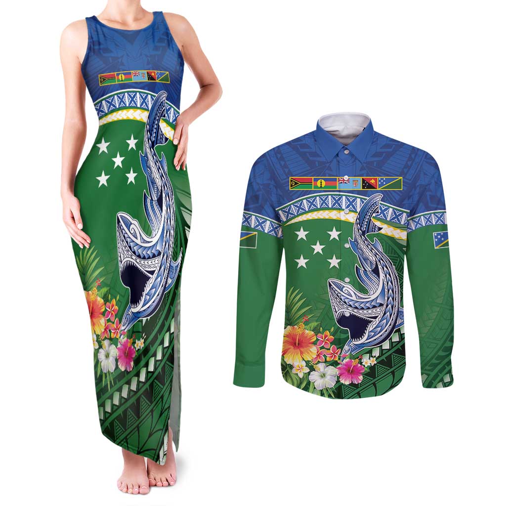 Melanesian Solomon Islands Couples Matching Tank Maxi Dress and Long Sleeve Button Shirt Tropical Shark Tattoo LT9 Blue - Polynesian Pride