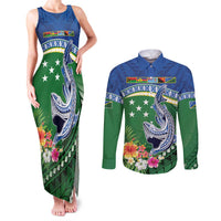 Melanesian Solomon Islands Couples Matching Tank Maxi Dress and Long Sleeve Button Shirt Tropical Shark Tattoo LT9 Blue - Polynesian Pride