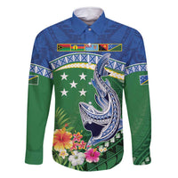 Melanesian Solomon Islands Family Matching Mermaid Dress and Hawaiian Shirt Tropical Shark Tattoo LT9 Dad's Shirt - Long Sleeve Blue - Polynesian Pride