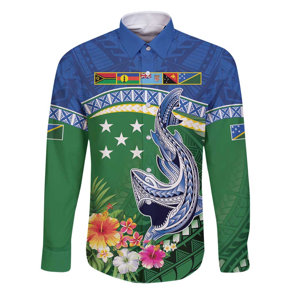 Melanesian Solomon Islands Family Matching Off Shoulder Maxi Dress and Hawaiian Shirt Tropical Shark Tattoo LT9 Dad's Shirt - Long Sleeve Blue - Polynesian Pride