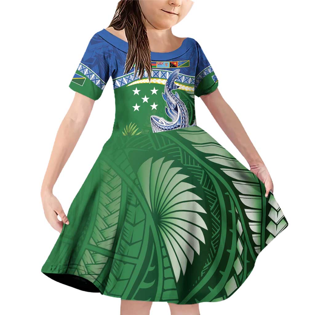 Melanesian Solomon Islands Family Matching Off Shoulder Short Dress and Hawaiian Shirt Tropical Shark Tattoo LT9 Daughter's Dress Blue - Polynesian Pride