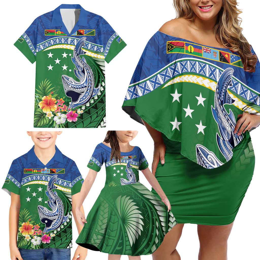 Melanesian Solomon Islands Family Matching Off Shoulder Short Dress and Hawaiian Shirt Tropical Shark Tattoo LT9 - Polynesian Pride