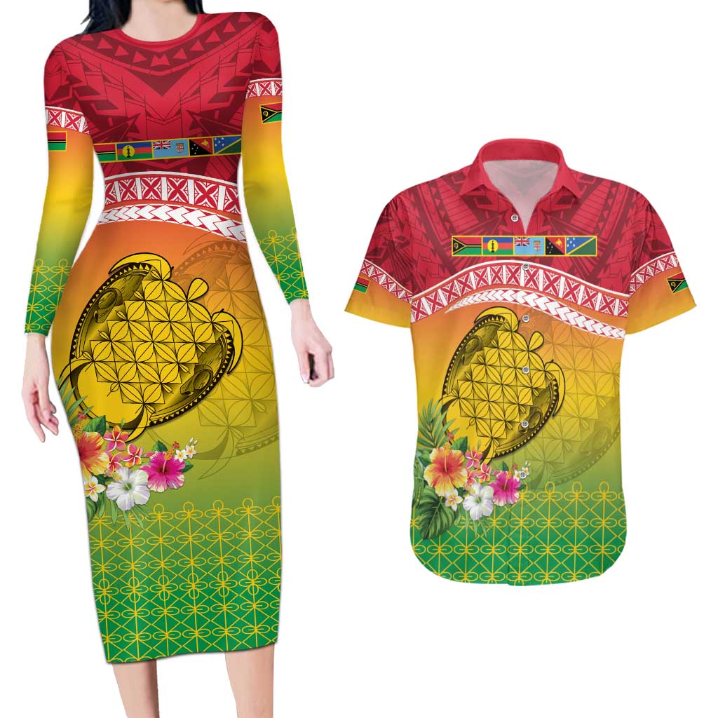 Melanesian Ni-Vanuatu Couples Matching Long Sleeve Bodycon Dress and Hawaiian Shirt Sea Turtle with Sand Drawing Pattern LT9 Reggae - Polynesian Pride