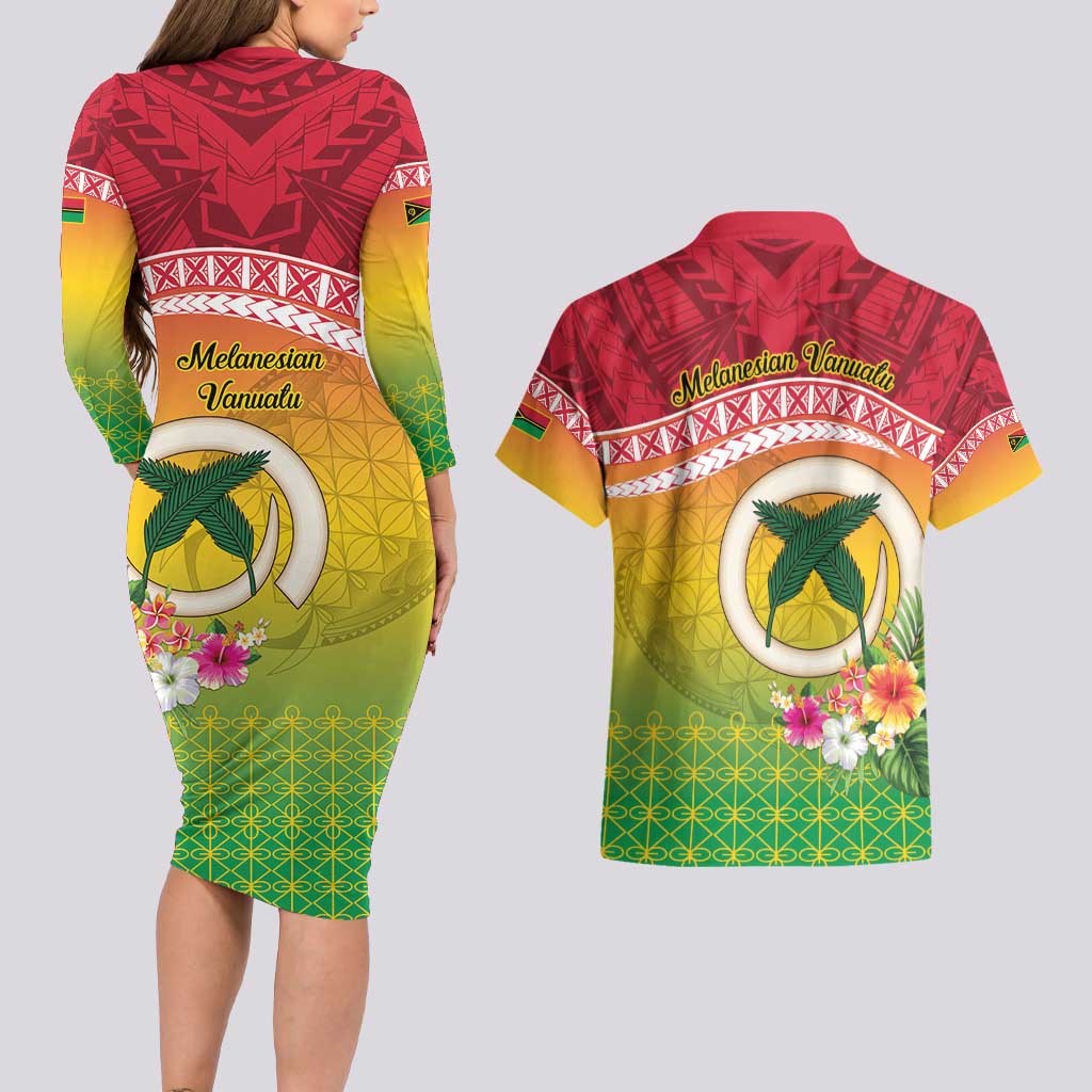 Melanesian Ni-Vanuatu Couples Matching Long Sleeve Bodycon Dress and Hawaiian Shirt Sea Turtle with Sand Drawing Pattern LT9 - Polynesian Pride