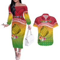 Melanesian Ni-Vanuatu Couples Matching Off The Shoulder Long Sleeve Dress and Hawaiian Shirt Sea Turtle with Sand Drawing Pattern LT9 Reggae - Polynesian Pride