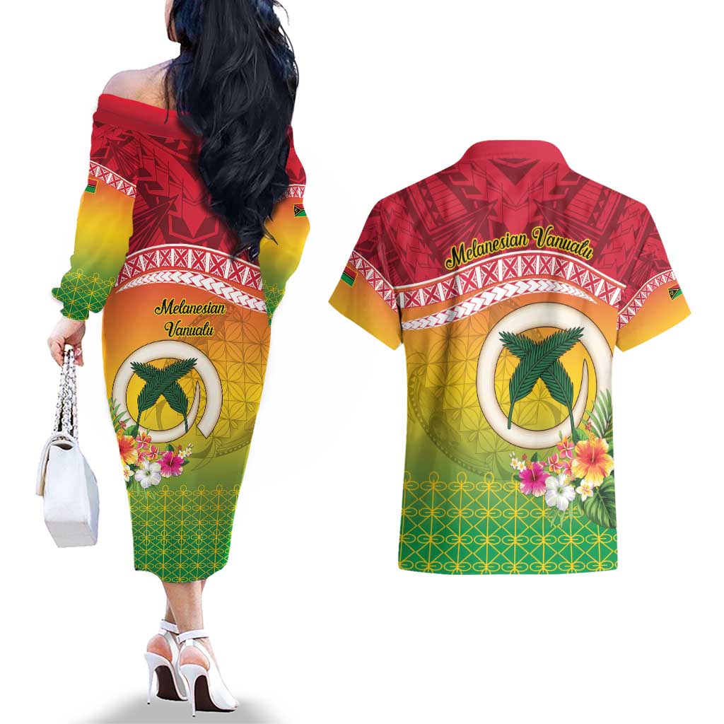 Melanesian Ni-Vanuatu Couples Matching Off The Shoulder Long Sleeve Dress and Hawaiian Shirt Sea Turtle with Sand Drawing Pattern LT9 - Polynesian Pride
