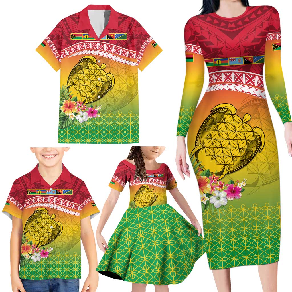 Melanesian Ni-Vanuatu Family Matching Long Sleeve Bodycon Dress and Hawaiian Shirt Sea Turtle with Sand Drawing Pattern LT9 - Polynesian Pride