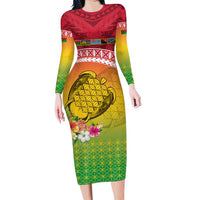 Melanesian Ni-Vanuatu Family Matching Long Sleeve Bodycon Dress and Hawaiian Shirt Sea Turtle with Sand Drawing Pattern LT9 Mom's Dress Reggae - Polynesian Pride