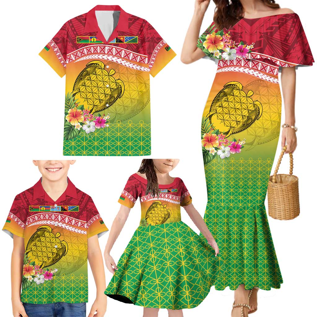 Melanesian Ni-Vanuatu Family Matching Mermaid Dress and Hawaiian Shirt Sea Turtle with Sand Drawing Pattern LT9 - Polynesian Pride