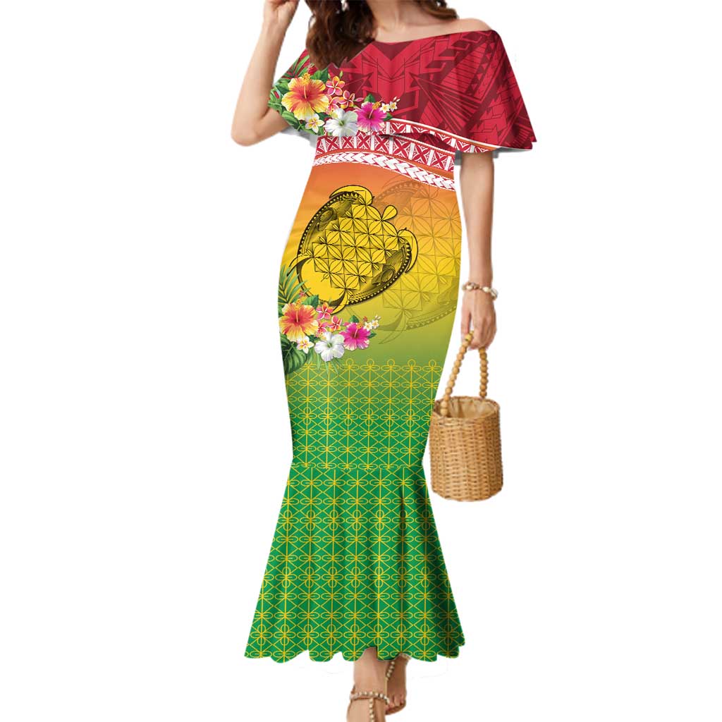Melanesian Ni-Vanuatu Family Matching Mermaid Dress and Hawaiian Shirt Sea Turtle with Sand Drawing Pattern LT9 Mom's Dress Reggae - Polynesian Pride