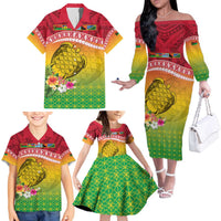 Melanesian Ni-Vanuatu Family Matching Off The Shoulder Long Sleeve Dress and Hawaiian Shirt Sea Turtle with Sand Drawing Pattern LT9 - Polynesian Pride