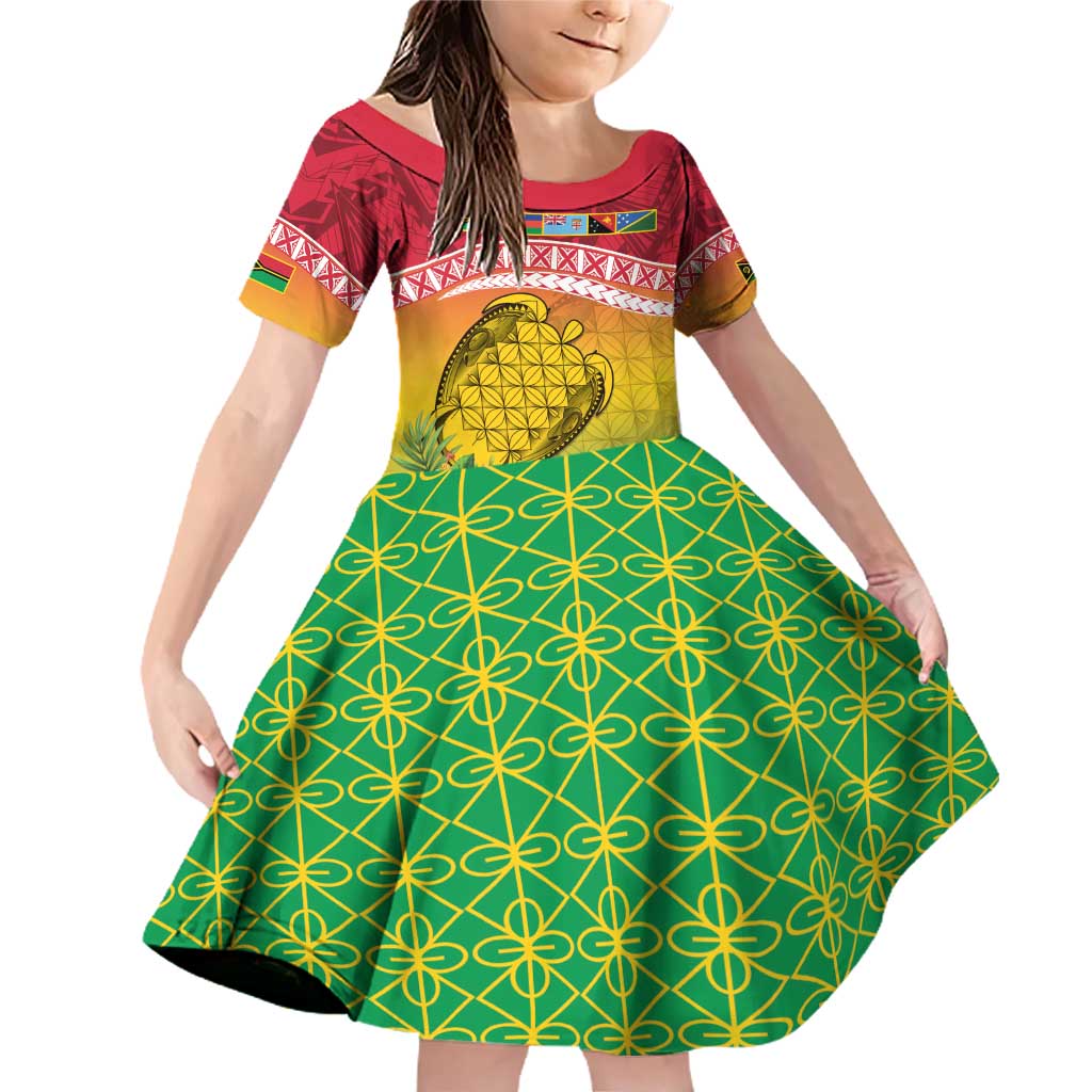 Melanesian Ni-Vanuatu Family Matching Off Shoulder Short Dress and Hawaiian Shirt Sea Turtle with Sand Drawing Pattern LT9 Daughter's Dress Reggae - Polynesian Pride