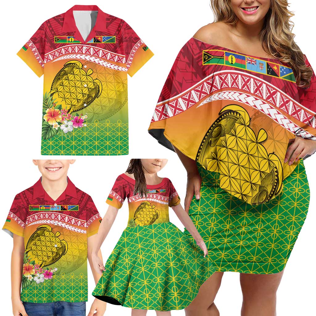 Melanesian Ni-Vanuatu Family Matching Off Shoulder Short Dress and Hawaiian Shirt Sea Turtle with Sand Drawing Pattern LT9 - Polynesian Pride