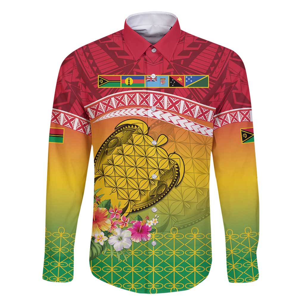 Melanesian Ni-Vanuatu Family Matching Off Shoulder Short Dress and Hawaiian Shirt Sea Turtle with Sand Drawing Pattern LT9 Dad's Shirt - Long Sleeve Reggae - Polynesian Pride