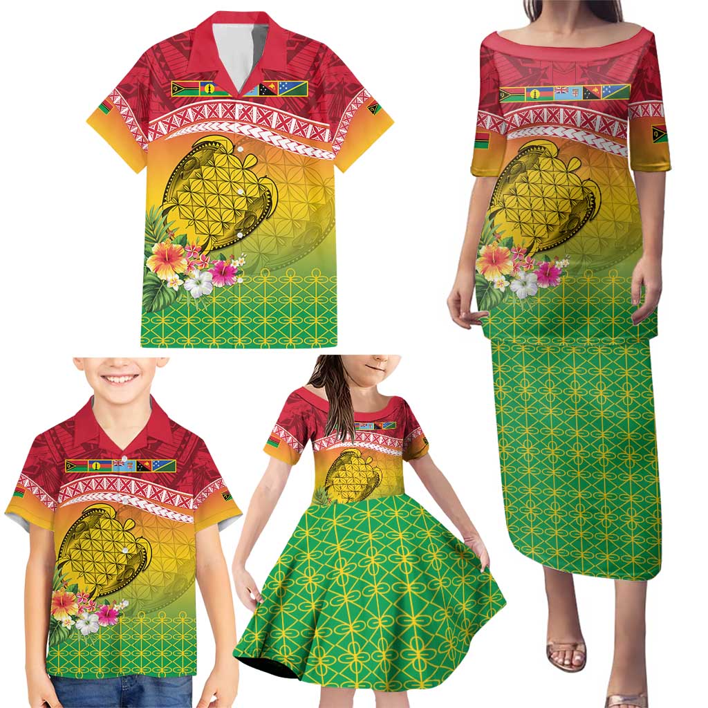 Melanesian Ni-Vanuatu Family Matching Puletasi and Hawaiian Shirt Sea Turtle with Sand Drawing Pattern LT9 - Polynesian Pride