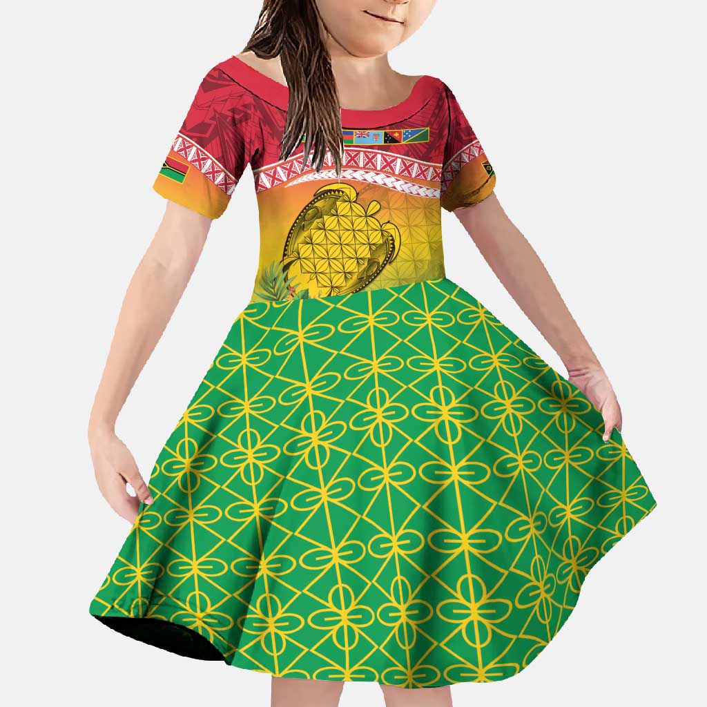 Melanesian Ni-Vanuatu Family Matching Short Sleeve Bodycon Dress and Hawaiian Shirt Sea Turtle with Sand Drawing Pattern LT9 Daughter's Dress Reggae - Polynesian Pride