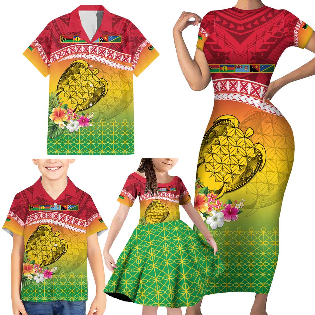 Melanesian Ni-Vanuatu Family Matching Short Sleeve Bodycon Dress and Hawaiian Shirt Sea Turtle with Sand Drawing Pattern LT9 - Polynesian Pride