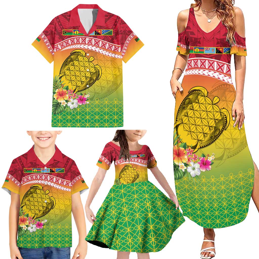 Melanesian Ni-Vanuatu Family Matching Summer Maxi Dress and Hawaiian Shirt Sea Turtle with Sand Drawing Pattern LT9 - Polynesian Pride