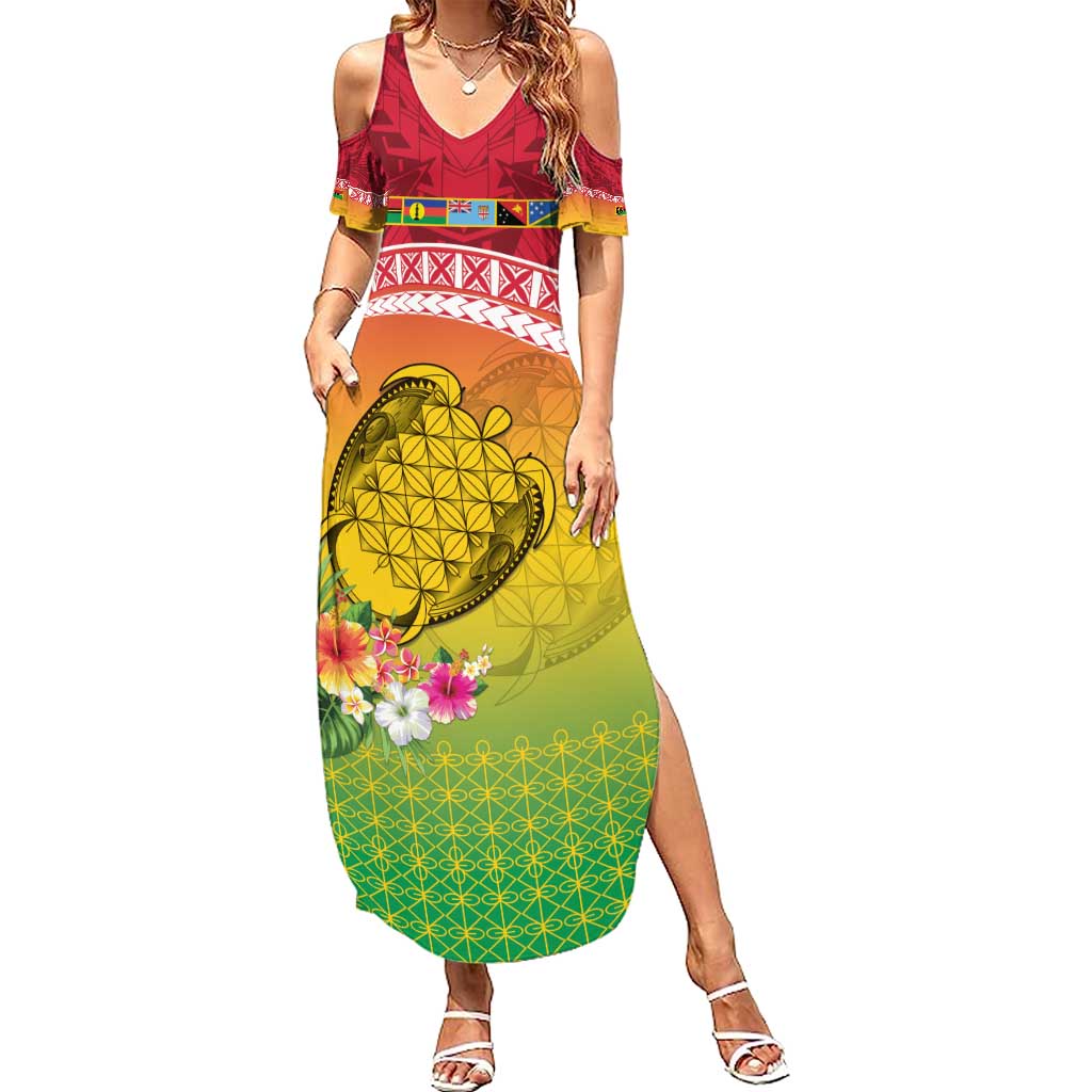 Melanesian Ni-Vanuatu Family Matching Summer Maxi Dress and Hawaiian Shirt Sea Turtle with Sand Drawing Pattern LT9 Mom's Dress Reggae - Polynesian Pride