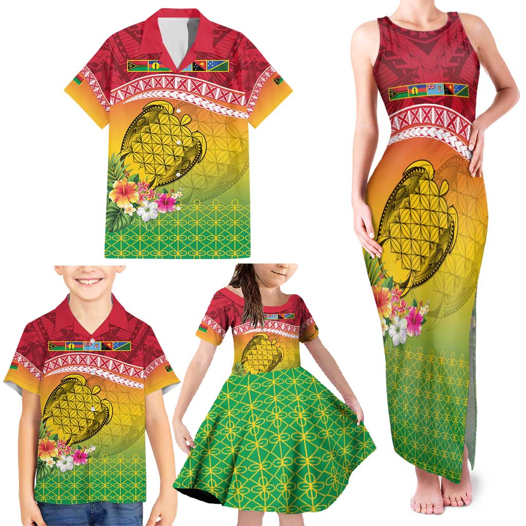 Melanesian Ni-Vanuatu Family Matching Tank Maxi Dress and Hawaiian Shirt Sea Turtle with Sand Drawing Pattern LT9 - Polynesian Pride