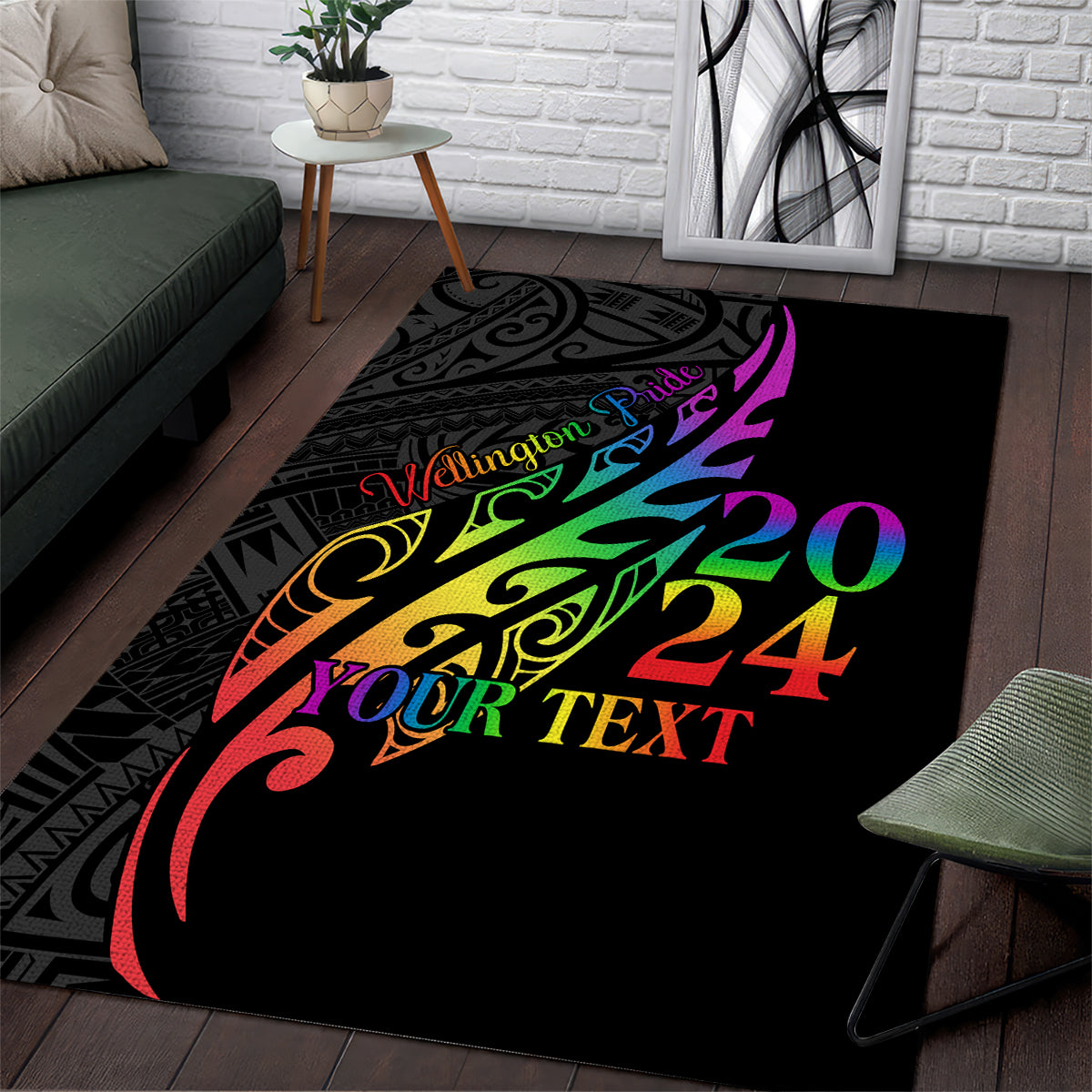 Personalised New Zealand Wellington Pride Area Rug Maori Fern with Pride Flag 2024 LT9 Black - Polynesian Pride