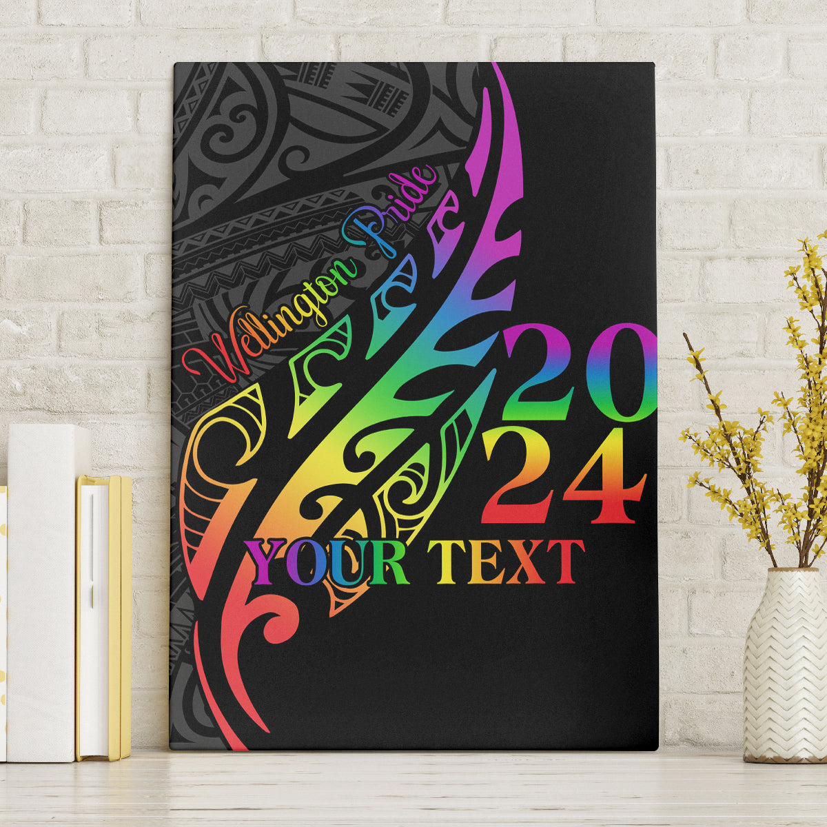 Personalised New Zealand Wellington Pride Canvas Wall Art Maori Fern with Pride Flag 2024 LT9 Without Frame Black - Polynesian Pride