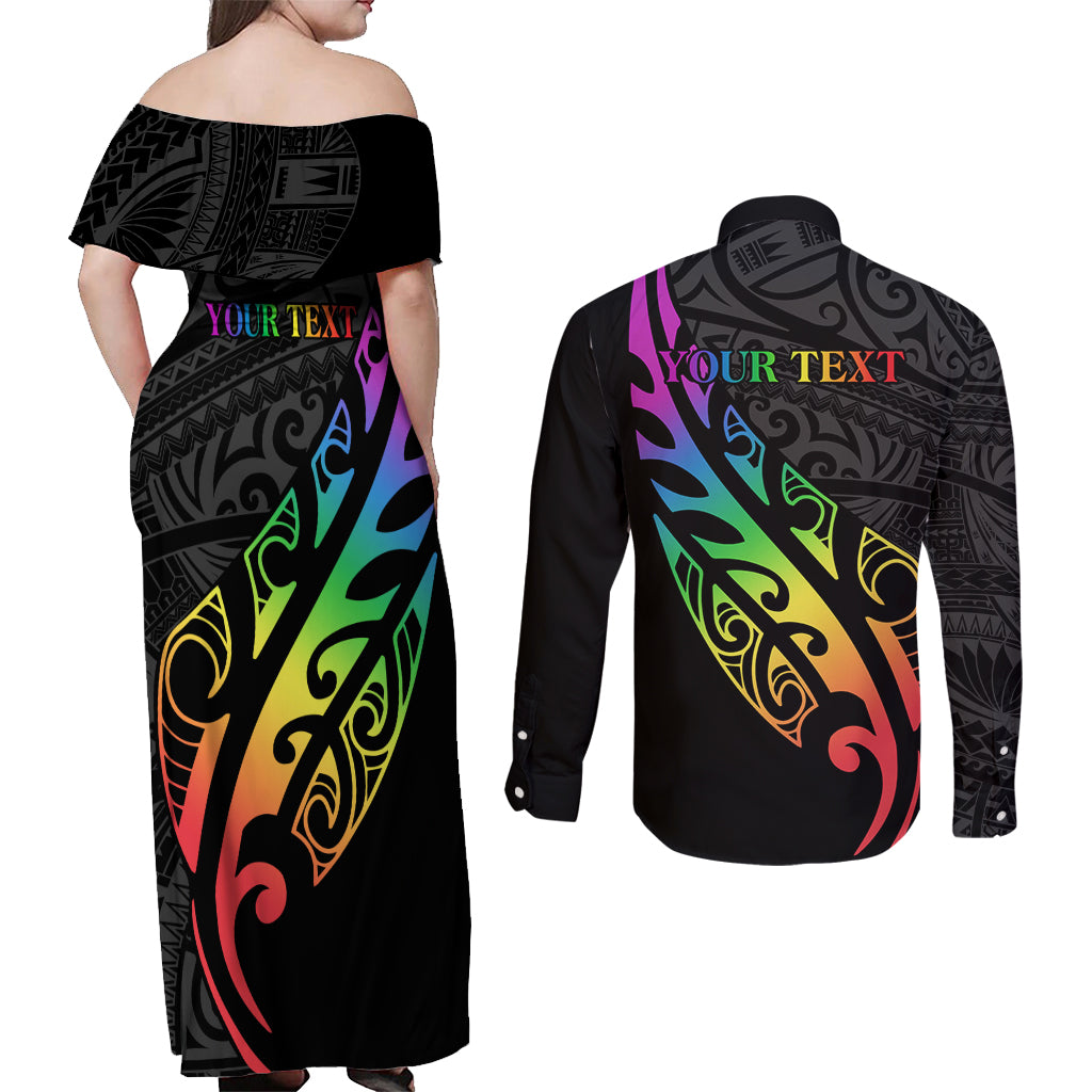 Personalised New Zealand Wellington Pride Couples Matching Off Shoulder Maxi Dress and Long Sleeve Button Shirt Maori Fern with Pride Flag 2024 LT9 - Polynesian Pride