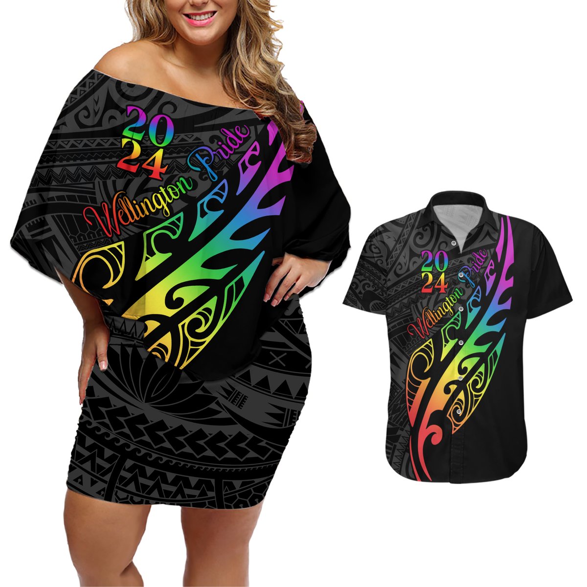 Personalised New Zealand Wellington Pride Couples Matching Off Shoulder Short Dress and Hawaiian Shirt Maori Fern with Pride Flag 2024 LT9 Black - Polynesian Pride