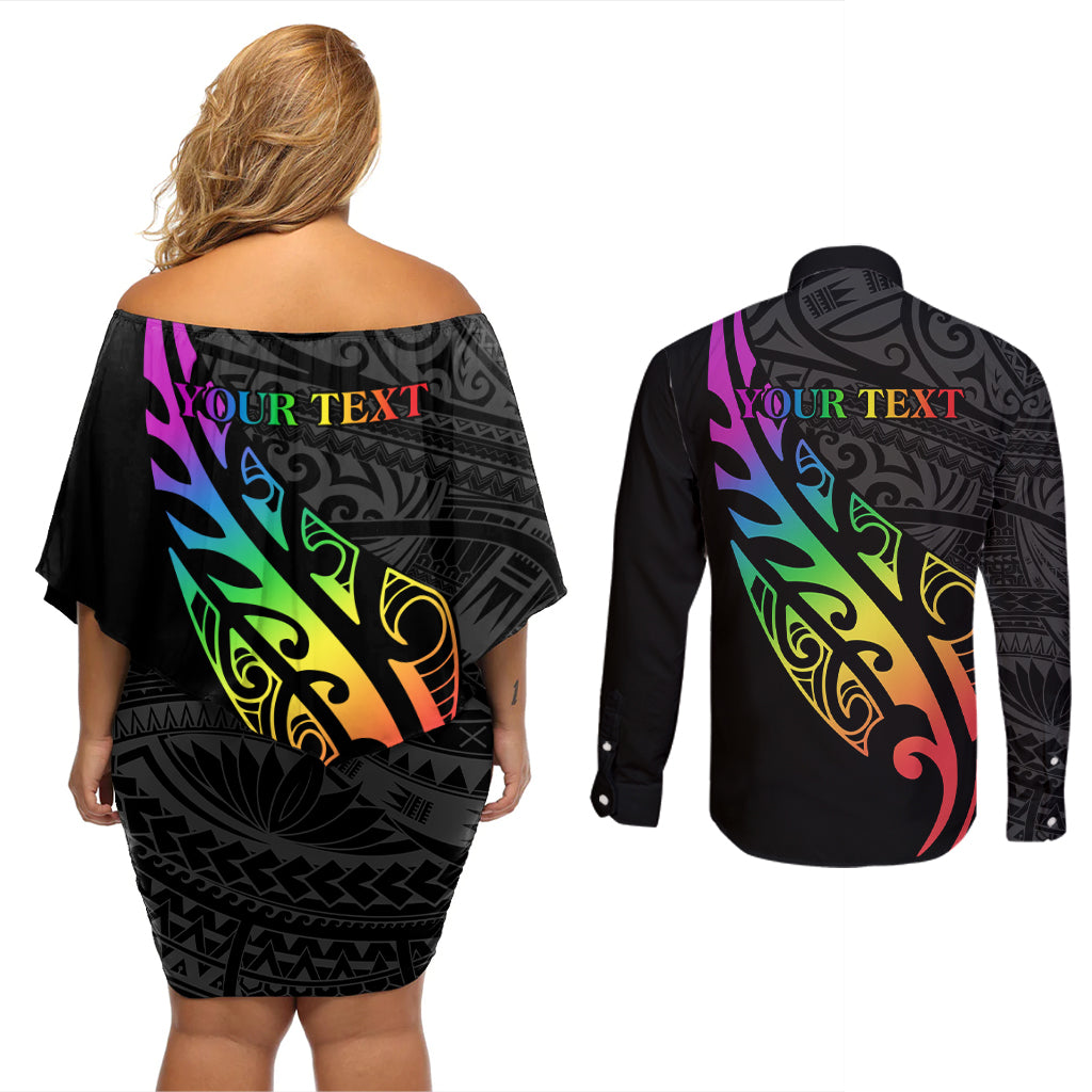 Personalised New Zealand Wellington Pride Couples Matching Off Shoulder Short Dress and Long Sleeve Button Shirt Maori Fern with Pride Flag 2024 LT9 - Polynesian Pride