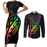 Personalised New Zealand Wellington Pride Couples Matching Short Sleeve Bodycon Dress and Long Sleeve Button Shirt Maori Fern with Pride Flag 2024 LT9 Black - Polynesian Pride