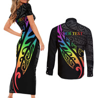 Personalised New Zealand Wellington Pride Couples Matching Short Sleeve Bodycon Dress and Long Sleeve Button Shirt Maori Fern with Pride Flag 2024 LT9 - Polynesian Pride