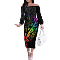 Personalised New Zealand Wellington Pride Family Matching Off Shoulder Long Sleeve Dress and Hawaiian Shirt Maori Fern with Pride Flag 2024 LT9 Mom's Dress Black - Polynesian Pride