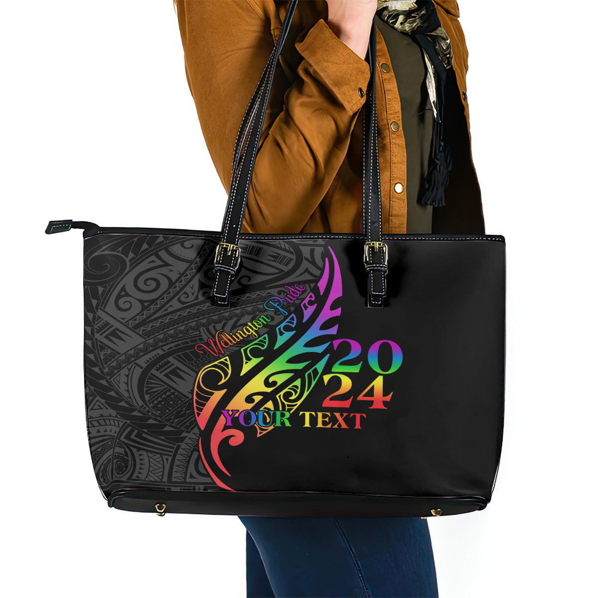 Personalised New Zealand Wellington Pride Leather Tote Bag Maori Fern with Pride Flag 2024 LT9 - Polynesian Pride