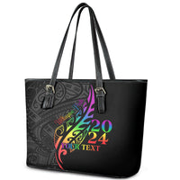 Personalised New Zealand Wellington Pride Leather Tote Bag Maori Fern with Pride Flag 2024 LT9 - Polynesian Pride