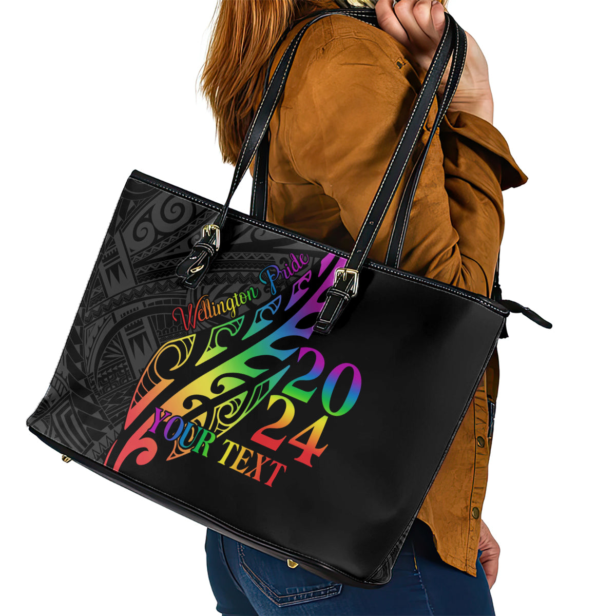 Personalised New Zealand Wellington Pride Leather Tote Bag Maori Fern with Pride Flag 2024 LT9 - Polynesian Pride