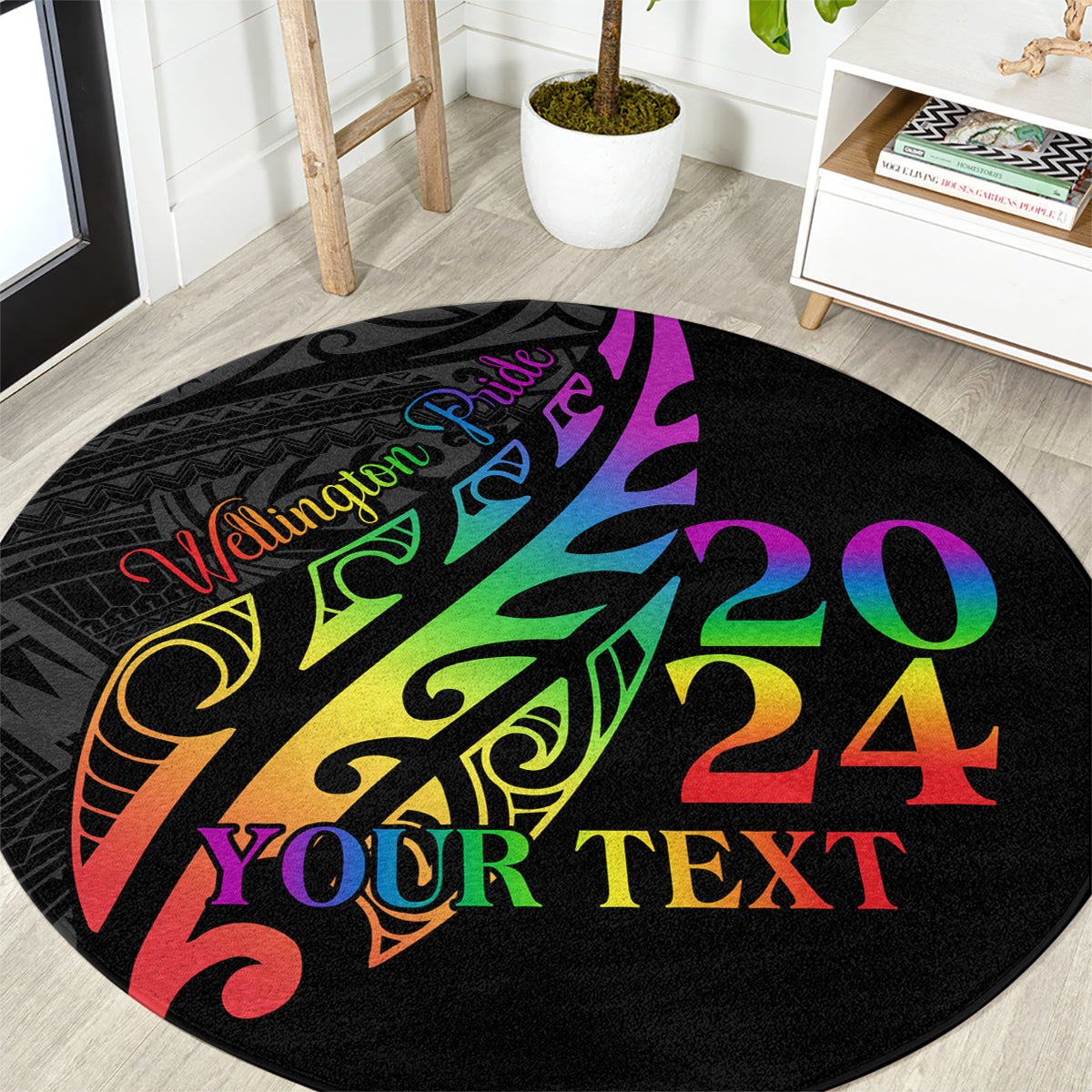 Personalised New Zealand Wellington Pride Round Carpet Maori Fern with Pride Flag 2024 LT9 Black - Polynesian Pride