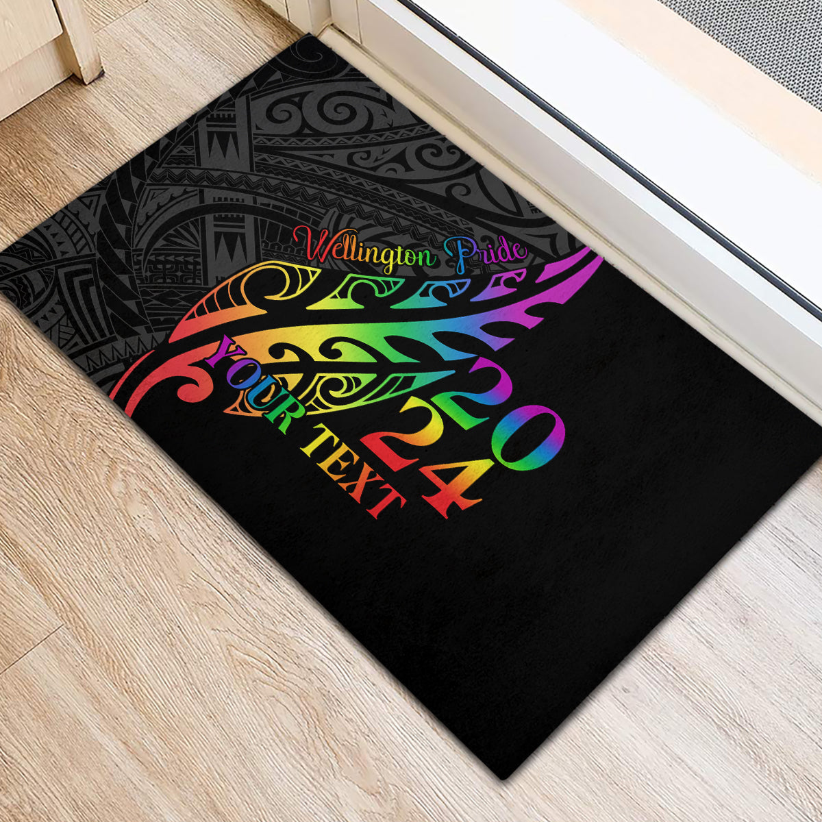 Personalised New Zealand Wellington Pride Rubber Doormat Maori Fern with Pride Flag 2024 LT9 - Polynesian Pride