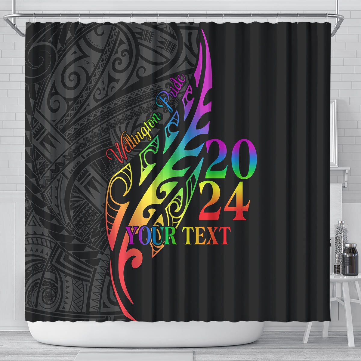 Personalised New Zealand Wellington Pride Shower Curtain Maori Fern with Pride Flag 2024 LT9 - Polynesian Pride