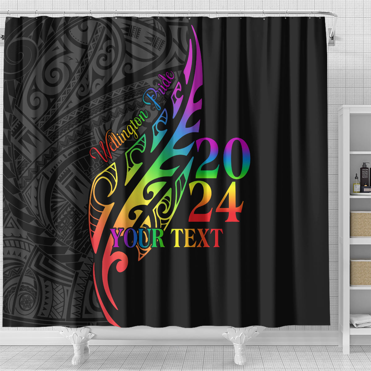 Personalised New Zealand Wellington Pride Shower Curtain Maori Fern with Pride Flag 2024 LT9 - Polynesian Pride