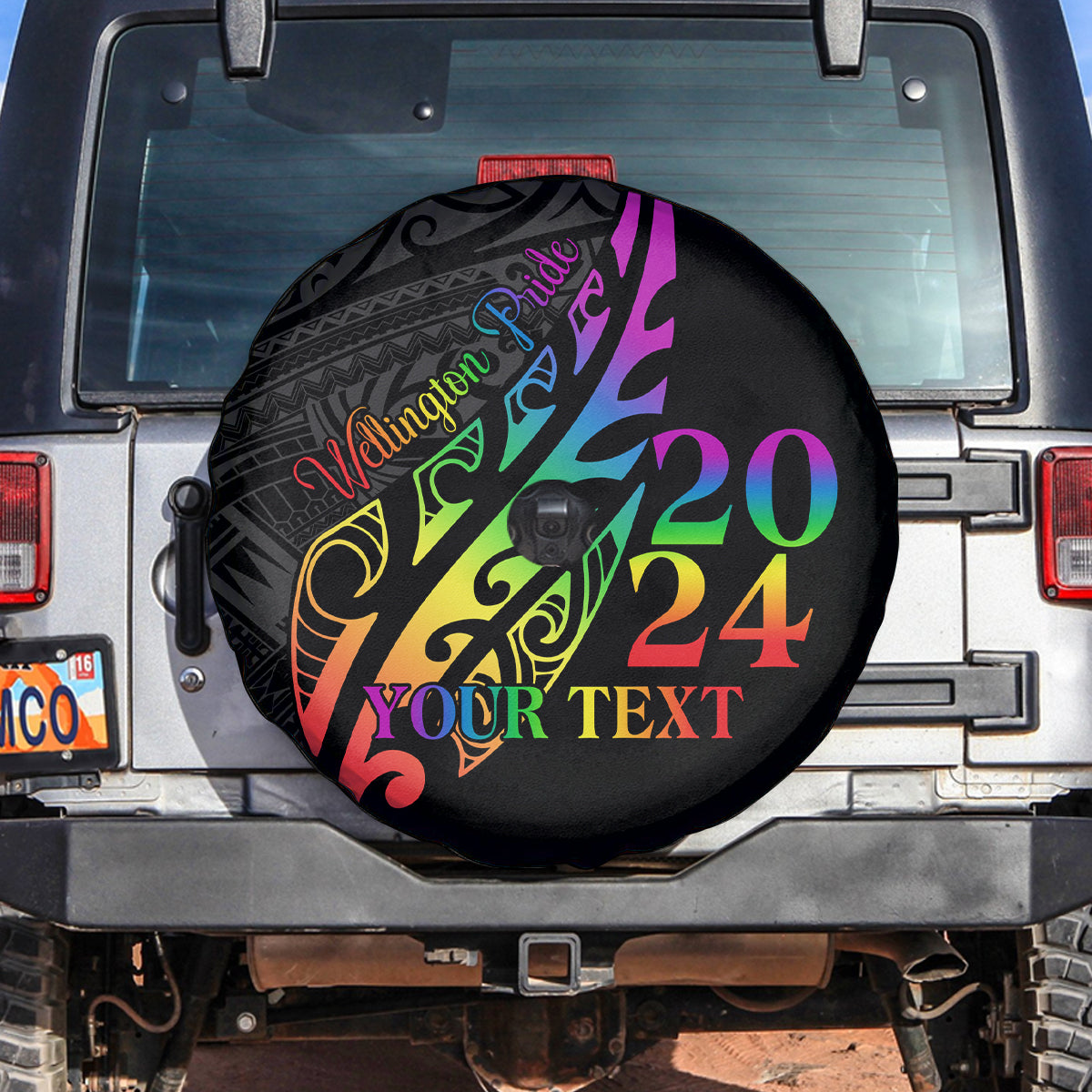 Personalised New Zealand Wellington Pride Spare Tire Cover Maori Fern with Pride Flag 2024 LT9 Black - Polynesian Pride