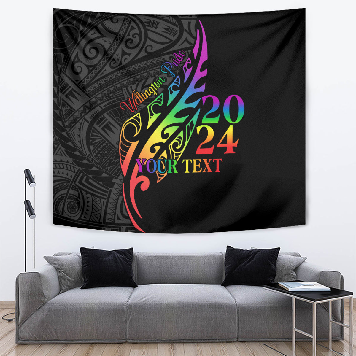 Personalised New Zealand Wellington Pride Tapestry Maori Fern with Pride Flag 2024 LT9 Black - Polynesian Pride