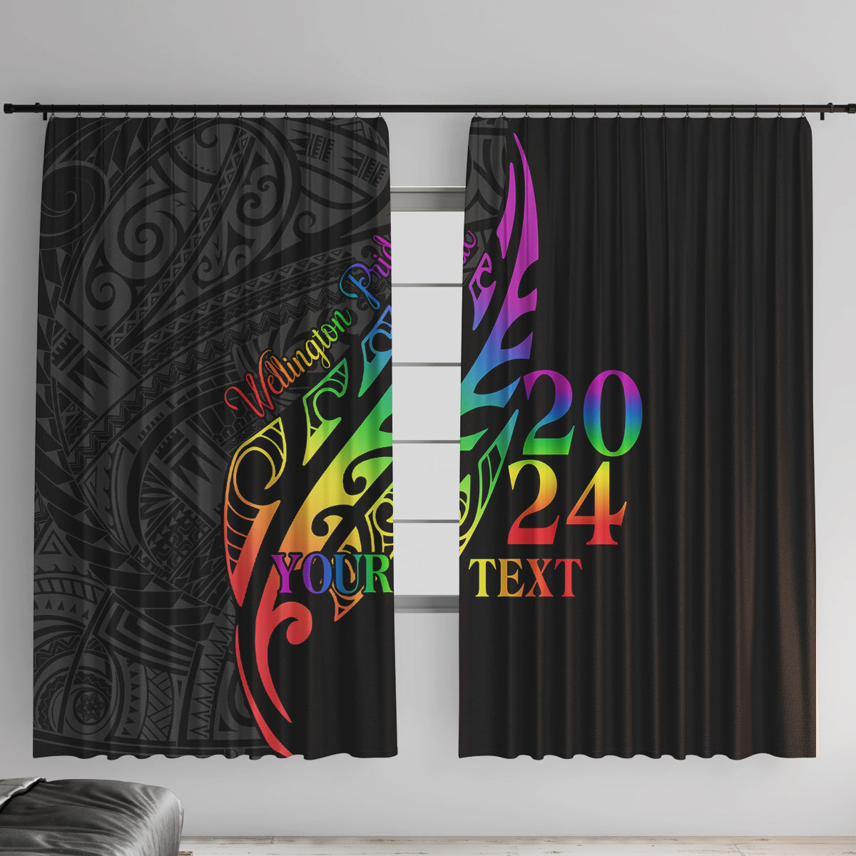Personalised New Zealand Wellington Pride Window Curtain Maori Fern with Pride Flag 2024 LT9 With Hooks Black - Polynesian Pride