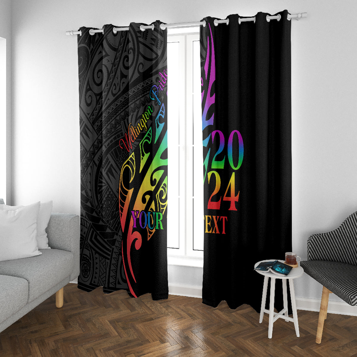 Personalised New Zealand Wellington Pride Window Curtain Maori Fern with Pride Flag 2024 LT9 With Grommets Black - Polynesian Pride