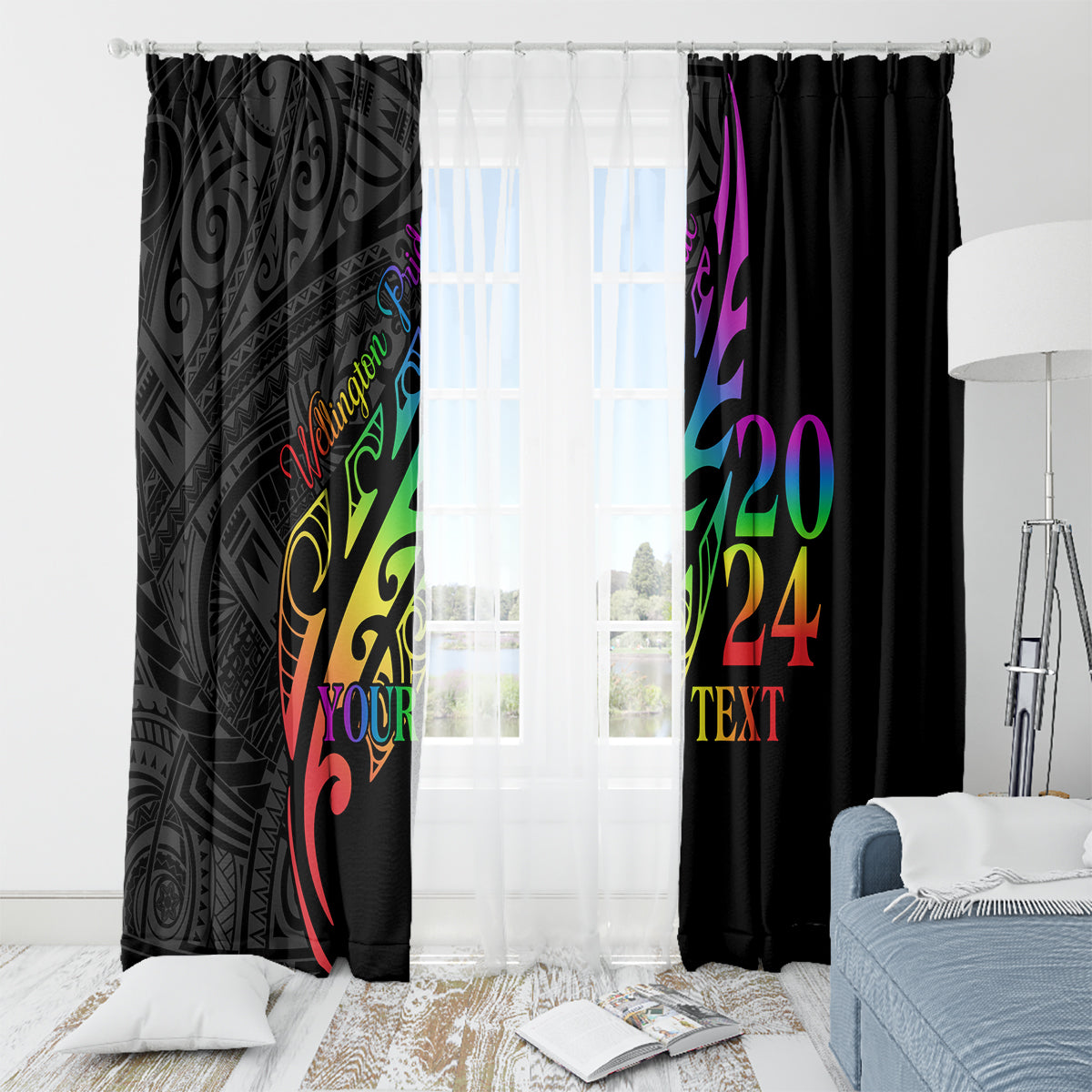 Personalised New Zealand Wellington Pride Window Curtain Maori Fern with Pride Flag 2024 LT9 - Polynesian Pride