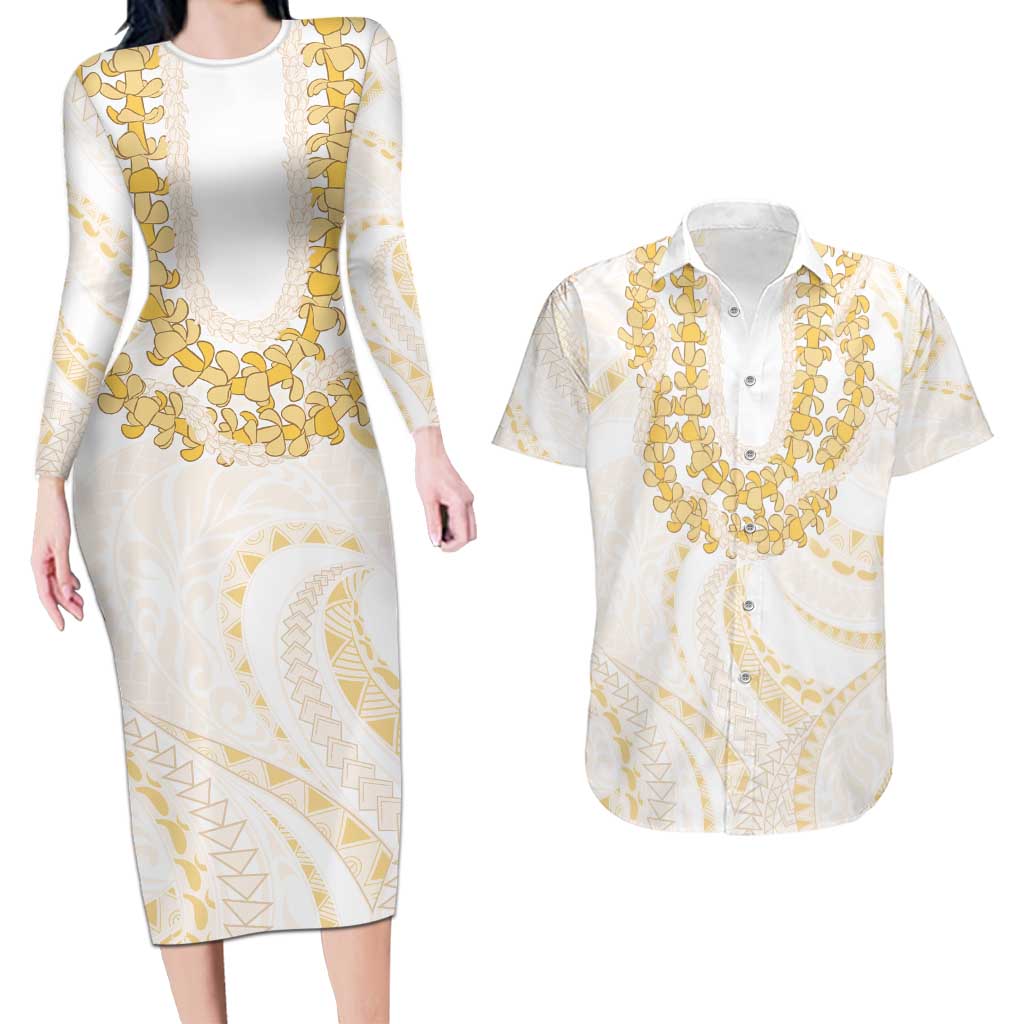 Aloha Lei Onaona Couples Matching Long Sleeve Bodycon Dress and Hawaiian Shirt Beige Hawaiian Tribal Pattern LT9 Beige - Polynesian Pride
